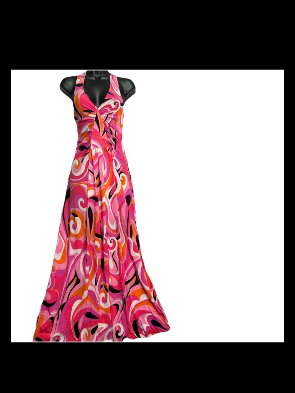 City Goddess Pink Psychedelic Halter Maxi Dress Retro 60s 70s Mod Swirl Y2K S/M
